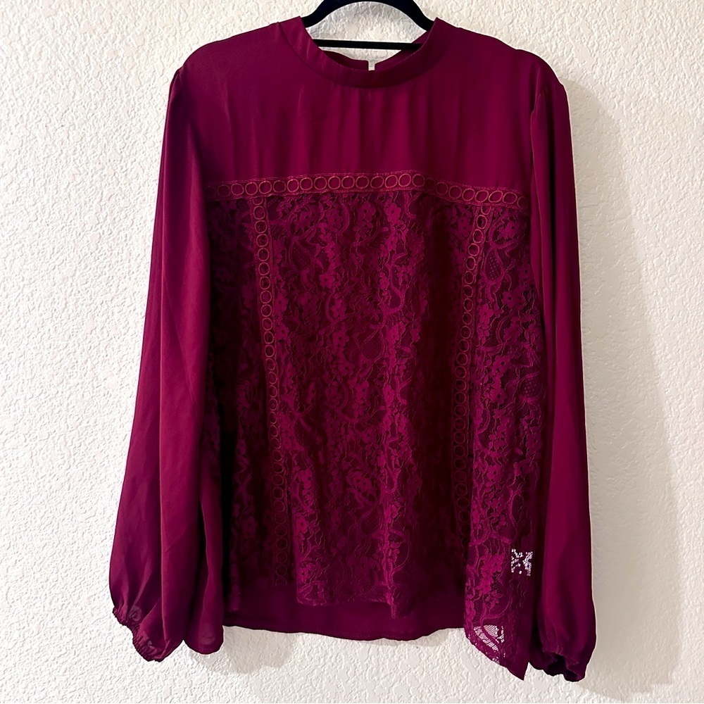 The Line of Style Burgundy Lace Blouse 3X Long Sleeve Keyhole Back Romantic Boho
